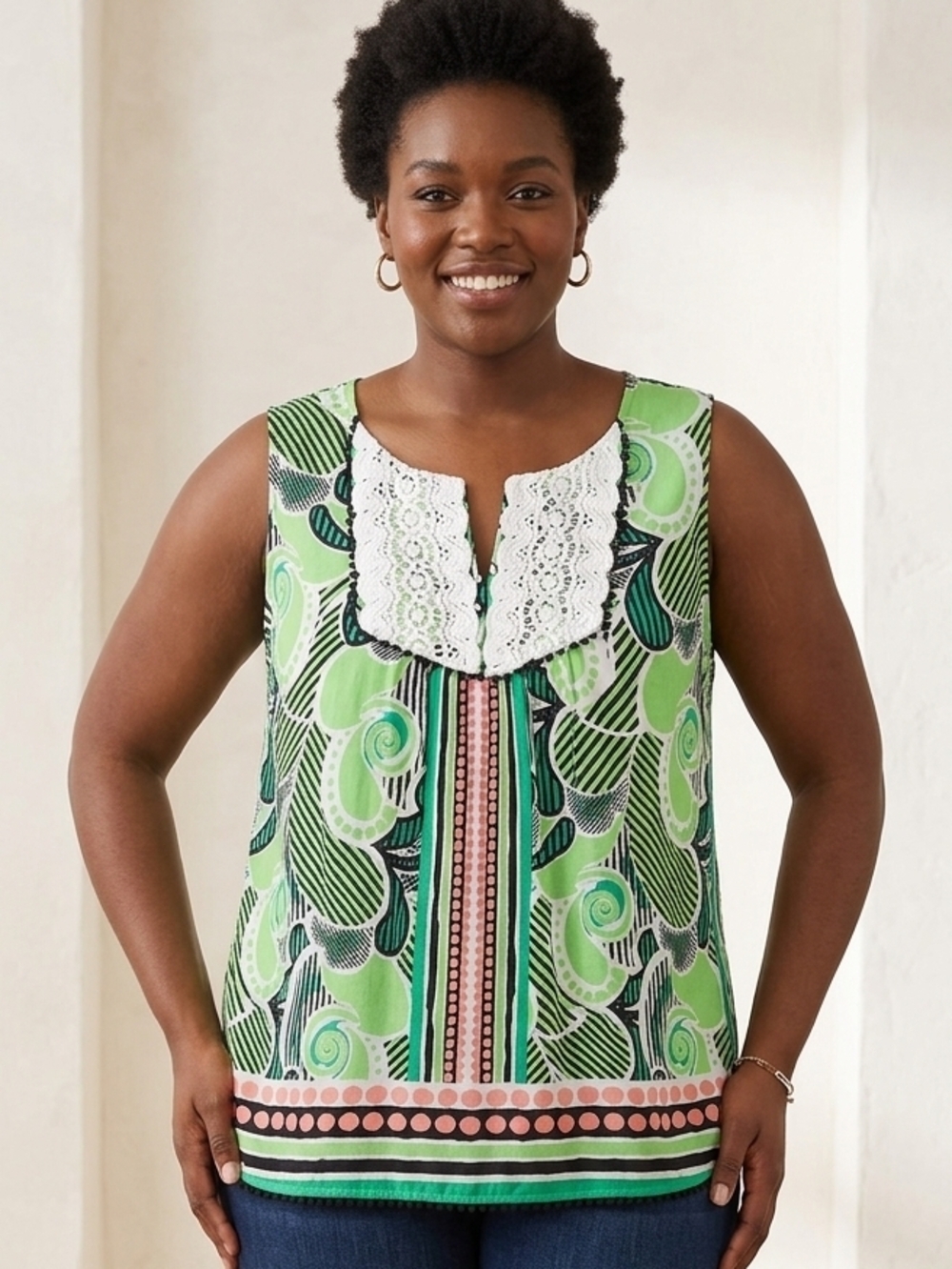 crown & ivy Green Printed Sleeveless Lace-Yoke Top